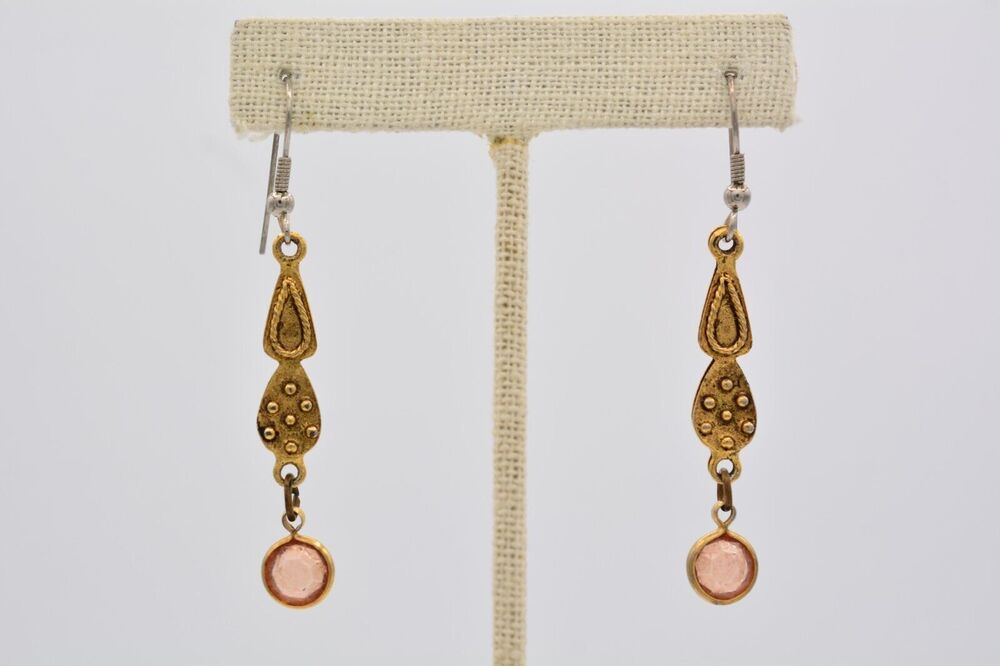 Express Vintage Dangle Earrings Open Bezel Antiqued Gold Signed 1990s BinAK